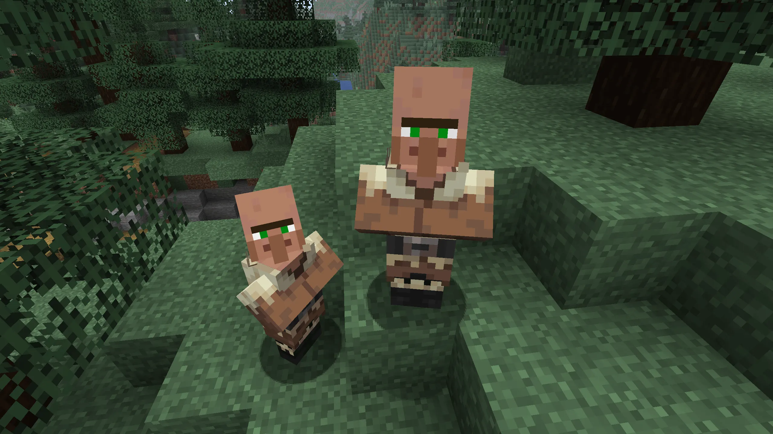 A high-angle Minecraft screenshot of two Taiga villagers standing on a grassy hill within a spruce forest biome. They are wearing their characteristic biome-specific clothing, which features brown tunics and white fur-lined collars. One villager is slightly larger than the other, and both are looking directly up at the camera. In the background, dense spruce trees and a deep valley are visible under a overcast sky.