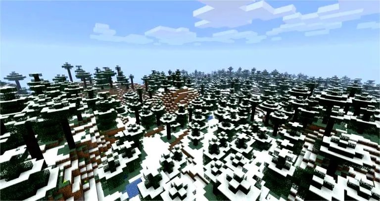 Minecraft taiga biome with tall spruce trees and foxes in snowy landscape