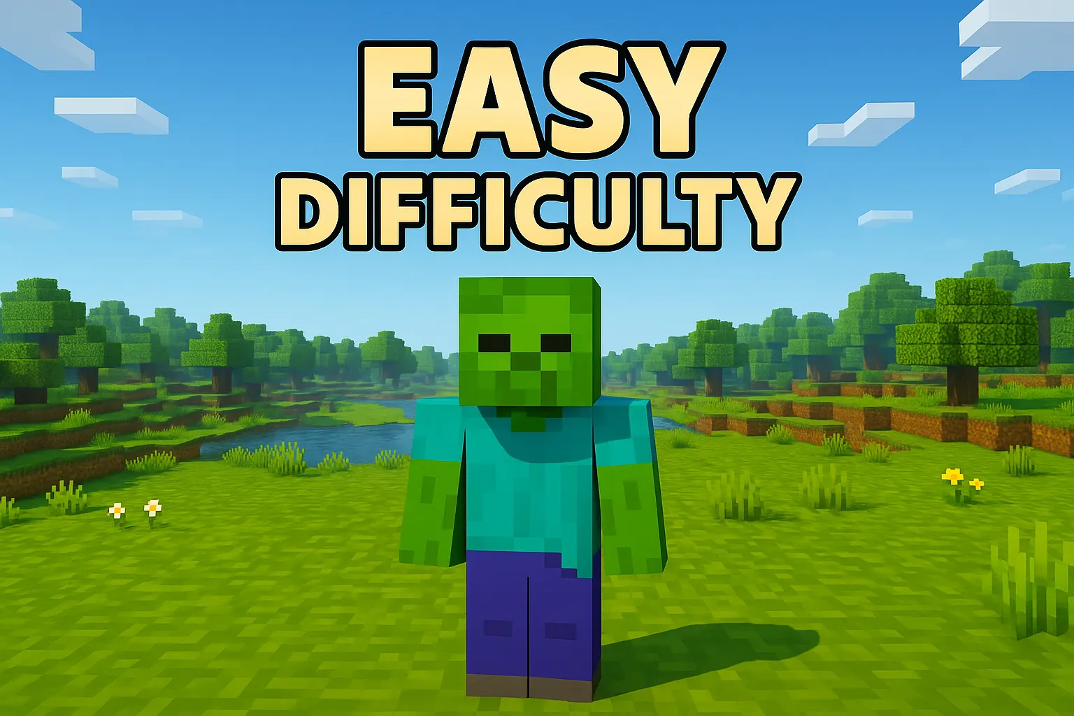 Minecraft Easy mode showing a zombie with reduced damage in a beginner-friendly survival environment