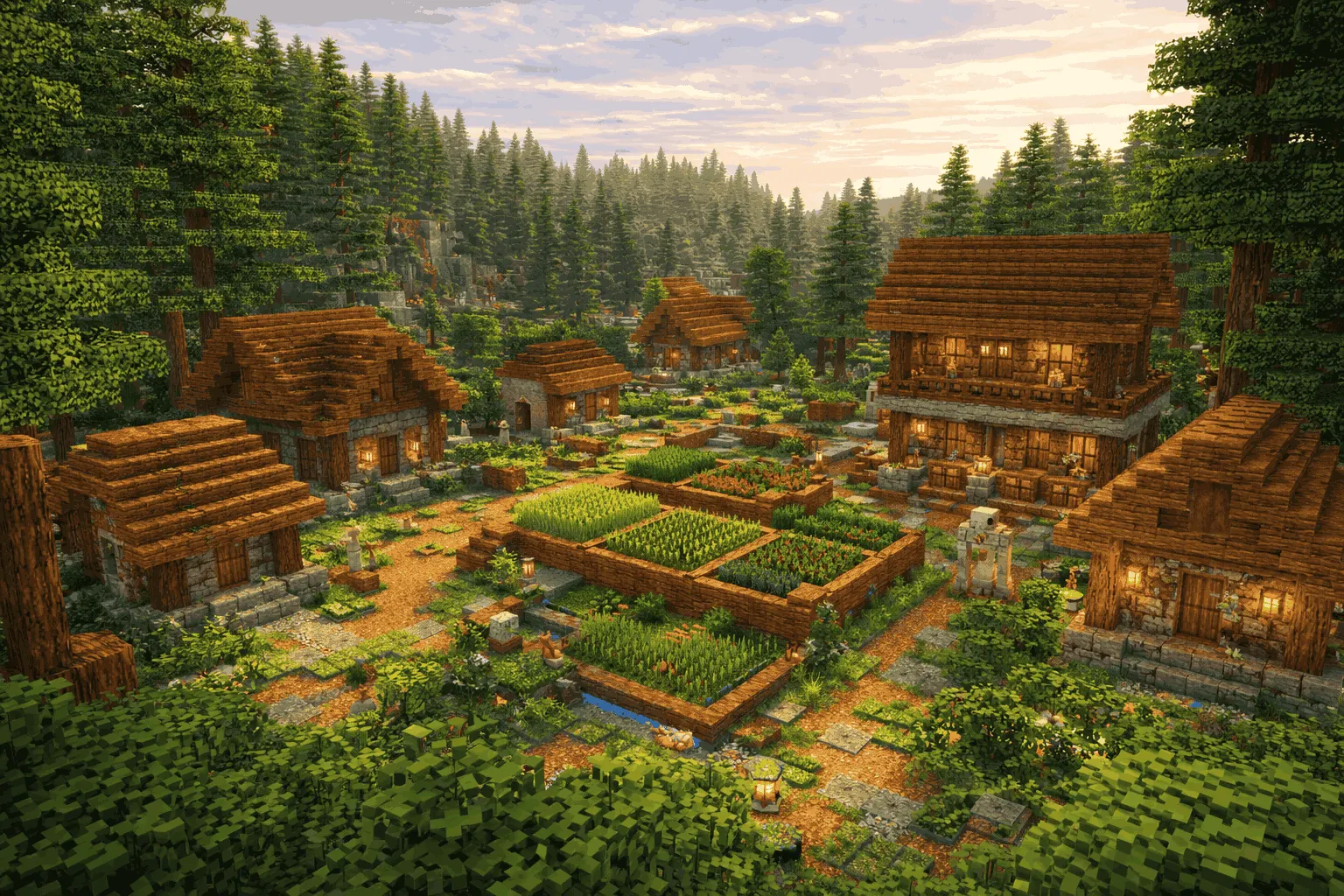 An expansive, high-detail Minecraft Taiga village settlement featuring multi-story spruce wood houses and cobblestone foundations. In the center, several large, organized crop fields are filled with vibrant green wheat and vegetables. The village is nestled in a vast valley surrounded by dense, towering spruce forests under a soft, golden sunset sky. The scene showcases a highly developed and defensible survival base with detailed lighting and pathwork.