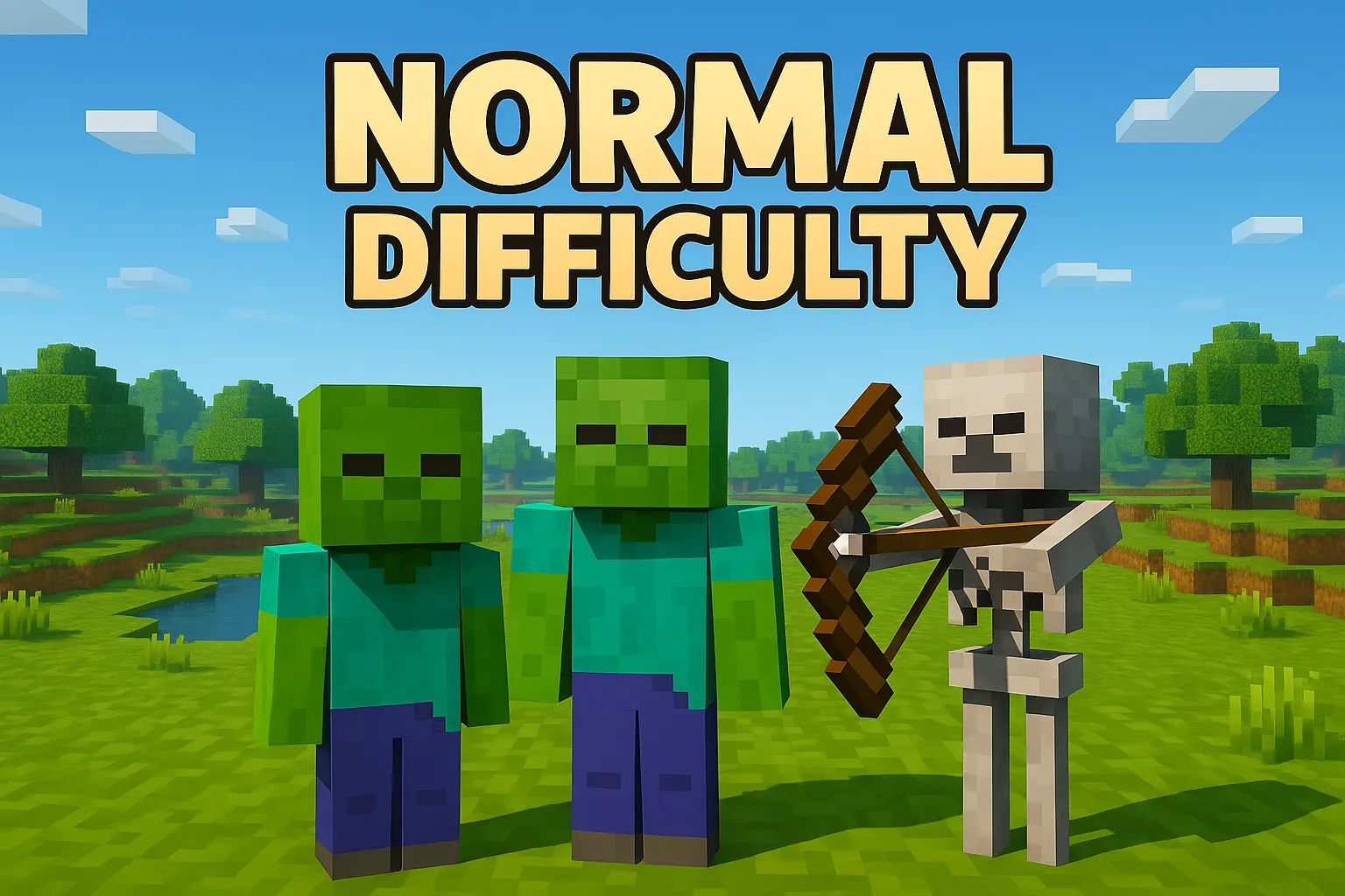 alt="Minecraft Normal Difficulty with two Zombies and Skeleton archer holding bow in lush Overworld grassland"