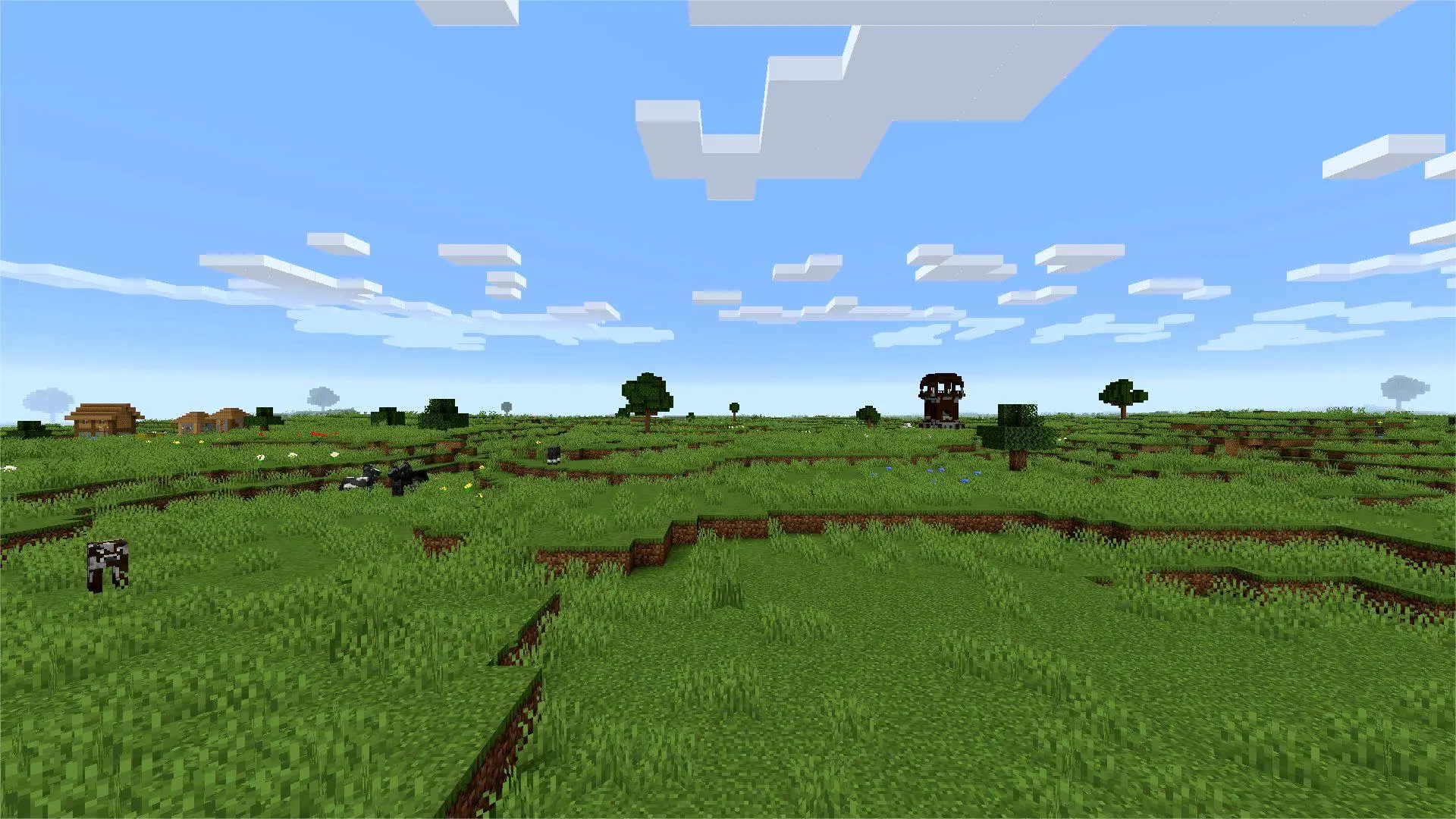 Minecraft plains biome flat green landscape with village in the distance