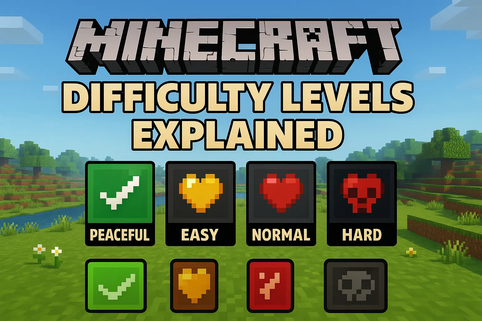 Minecraft difficulty levels explained showing Peaceful, Easy, Normal, and Hard modes with icons
