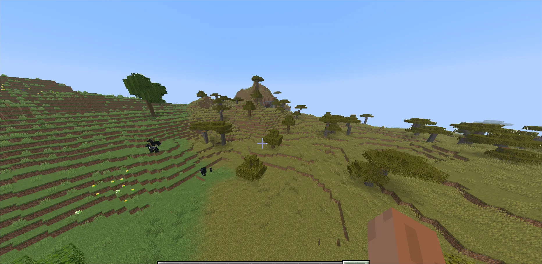Minecraft savanna biome with unique acacia trees horses and llamas roaming