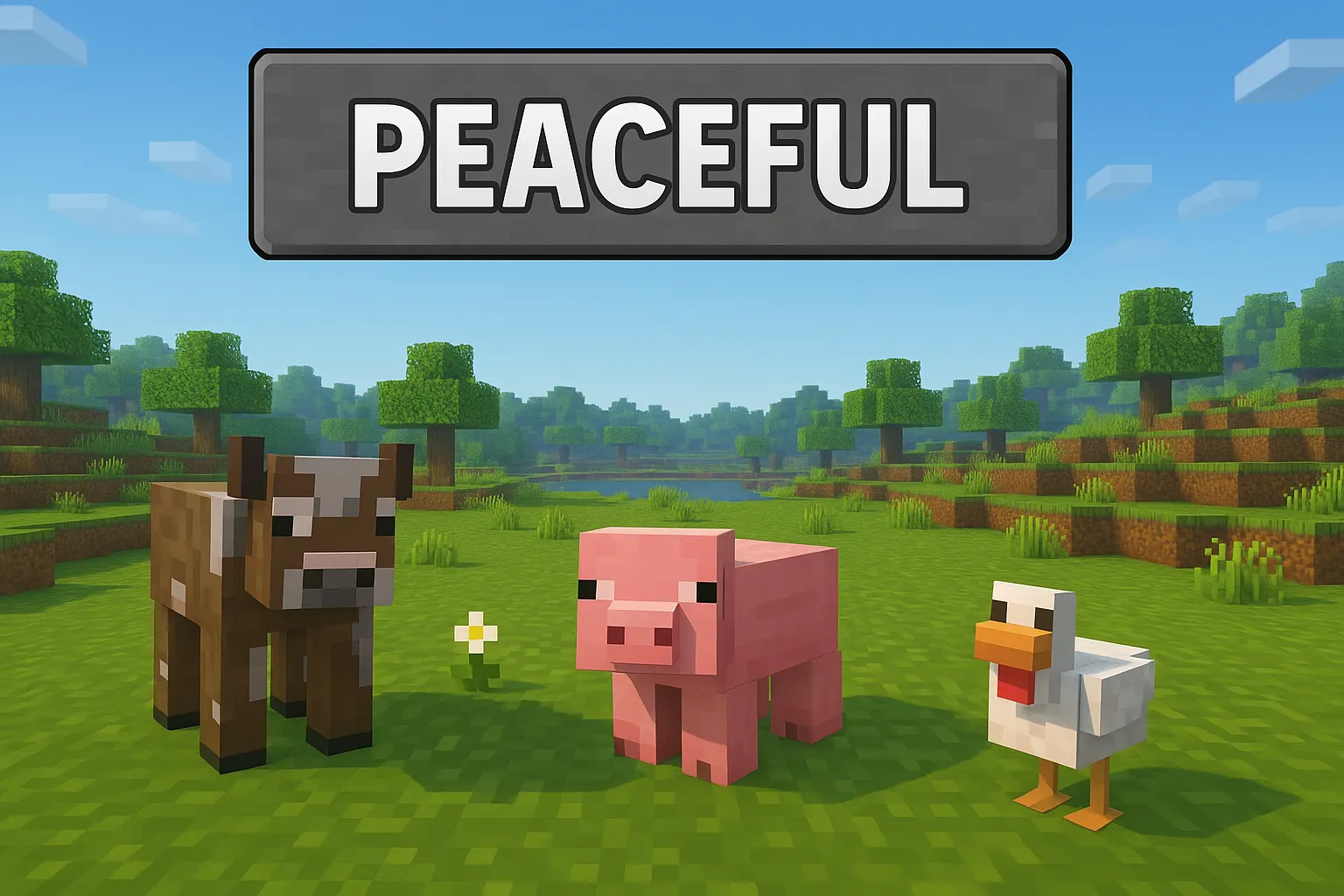 Minecraft Peaceful mode showing cow, pig, and chicken with no hostile mobs in a safe survival environment