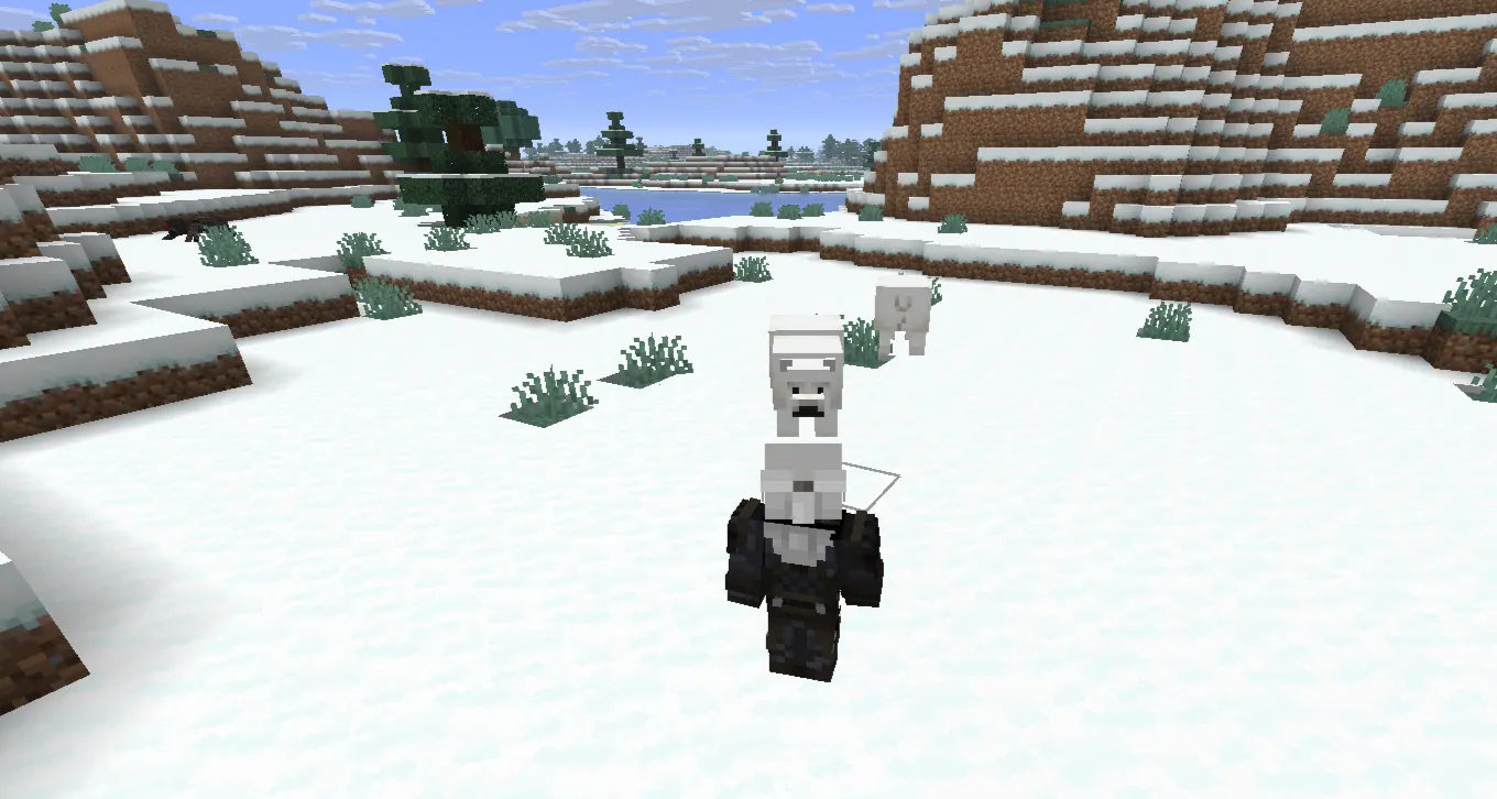 Minecraft polar bear protecting cubs in snowy tundra biome while player carefully avoids attack