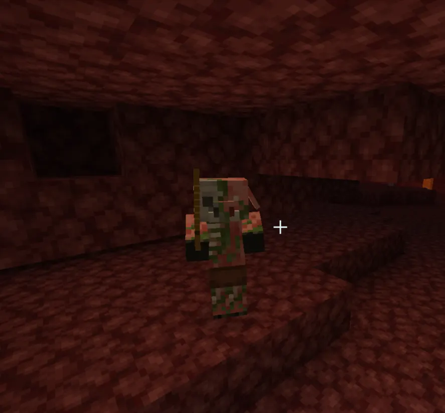 Crimson Forest biome in Minecraft showing piglins and hoglins in red fog