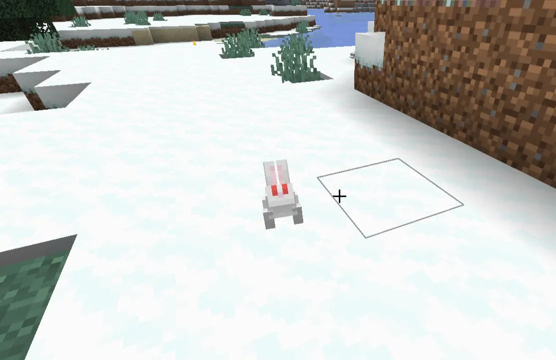 Minecraft snowy tundra biome with lone rabbit representing food scarcity and survival challenge