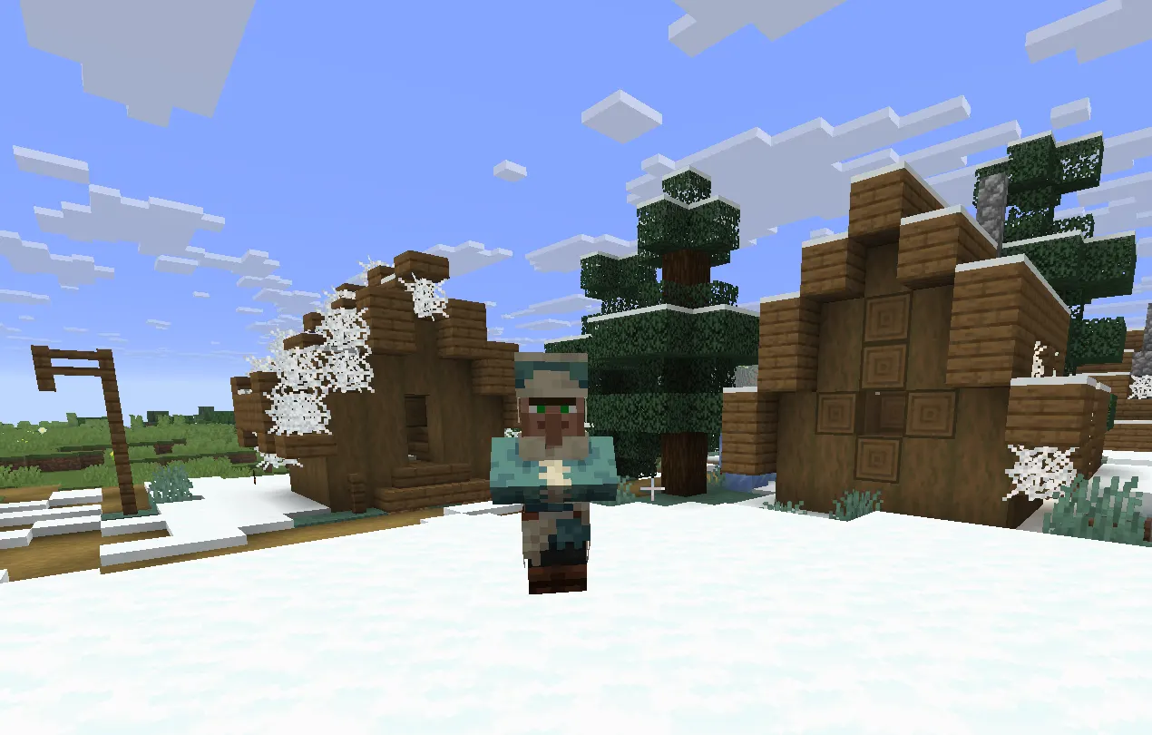 Taiga village in Minecraft with spruce houses and villagers