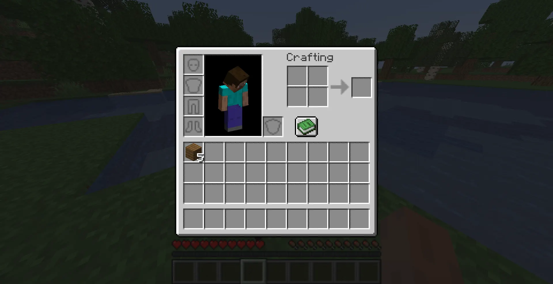 Minecraft inventory screen showing the 2x2 crafting grid for beginner crafting