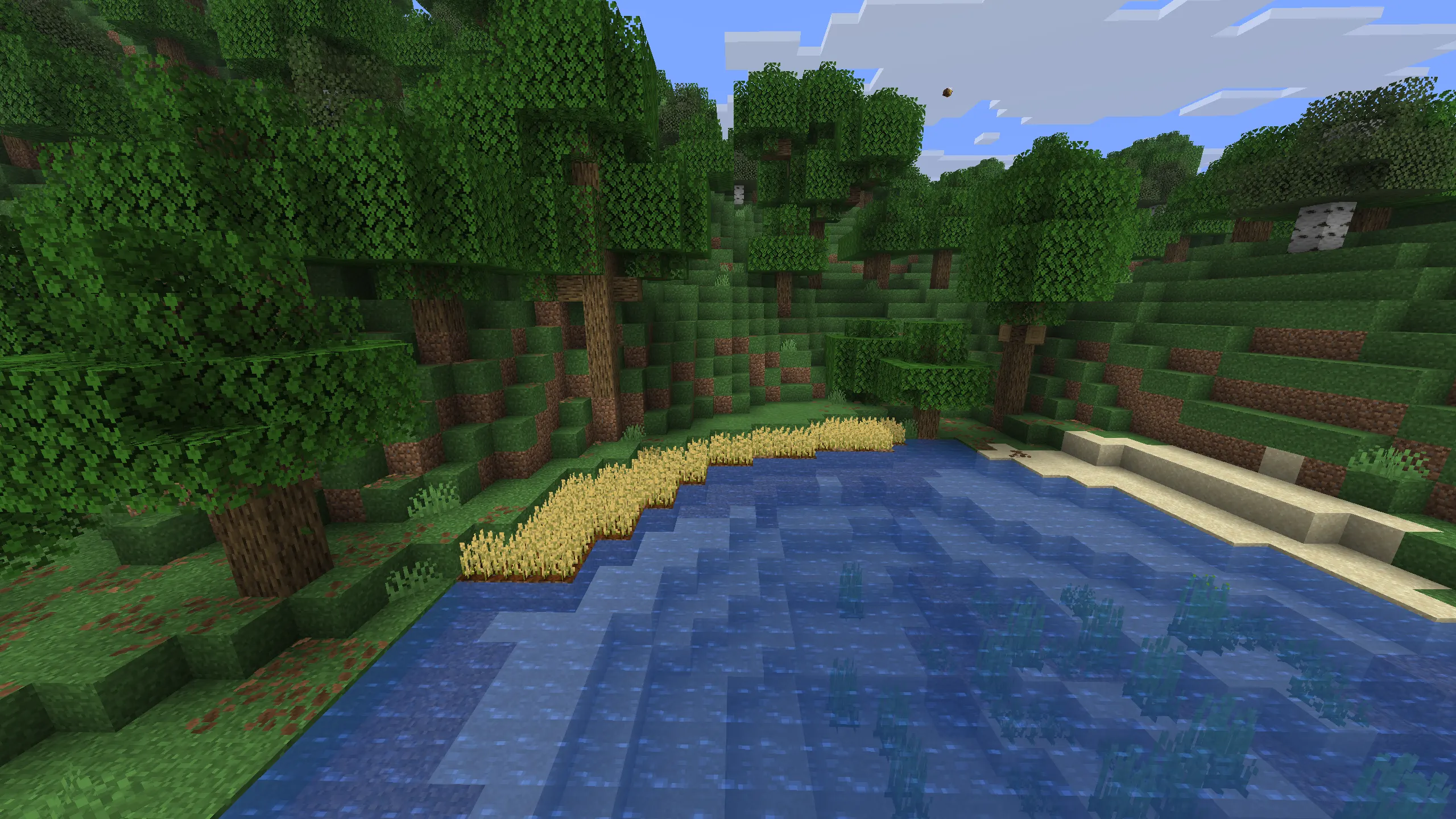 minecraft forest biome terrain with hills river and trees