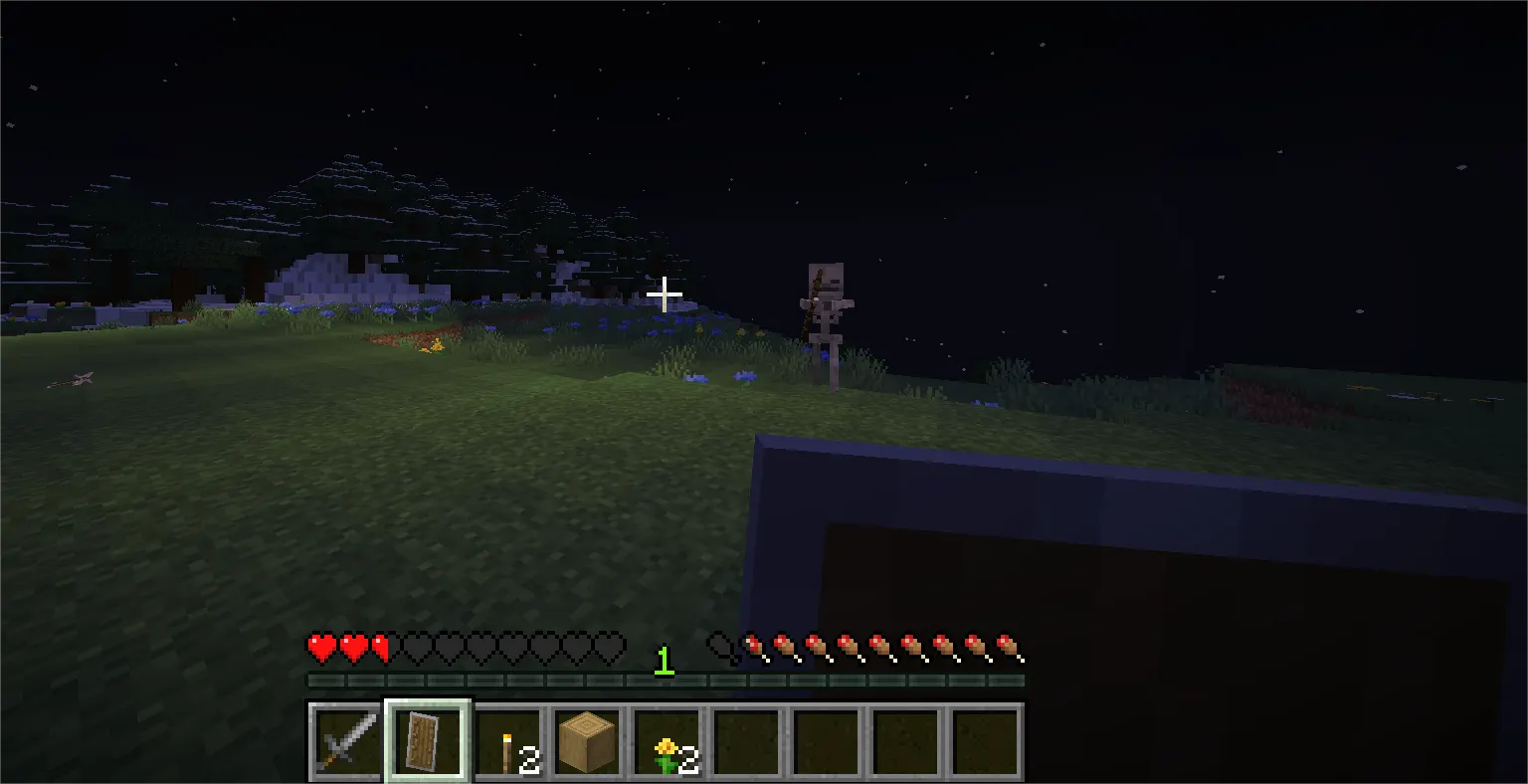 Shield blocking incoming skeleton arrows in Minecraft combat