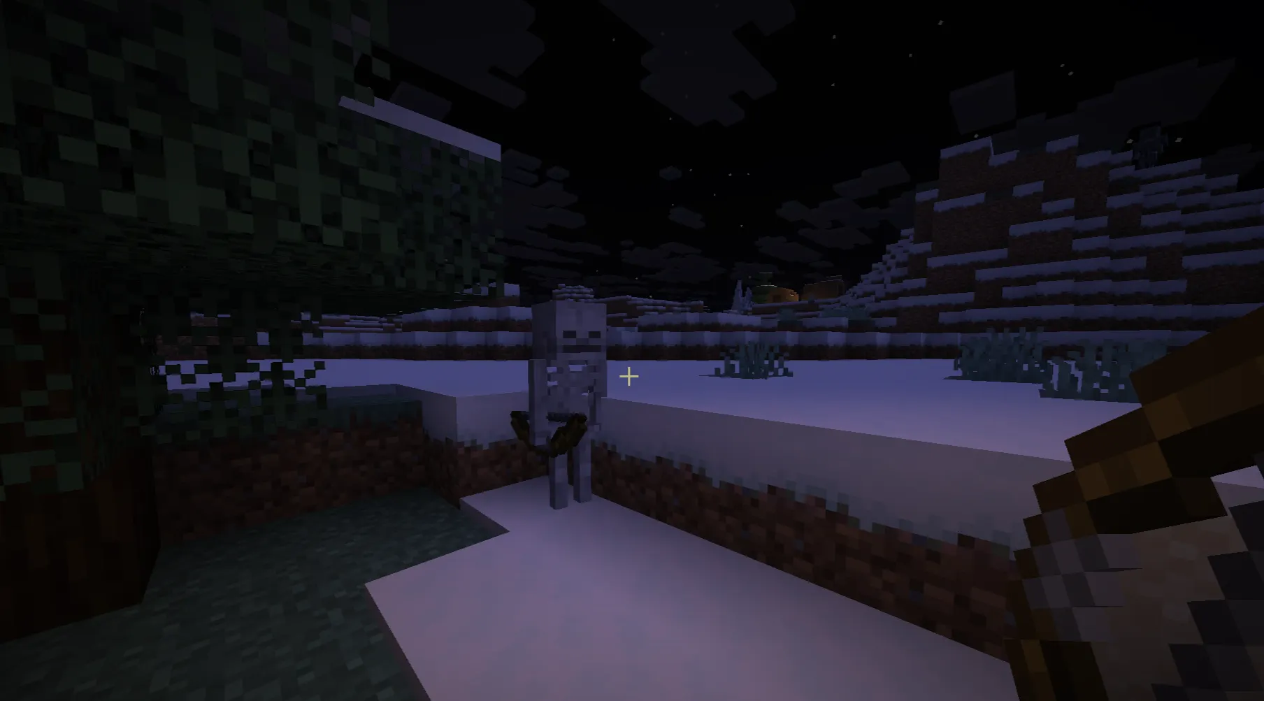 Stray skeleton attacking player with slowness arrows in snowy tundra biome Minecraft survival combat scene