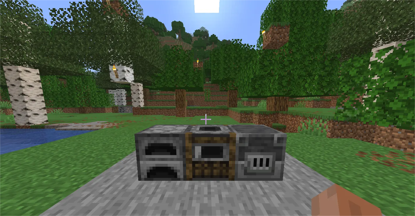 Comparison of Minecraft furnace, blast furnace, and smoker blocks placed side by side