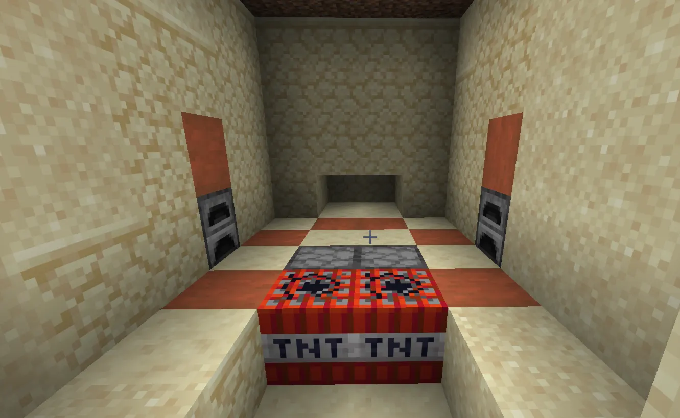 Minecraft desert temple trap showing pressure plate, TNT, and four hidden loot chests