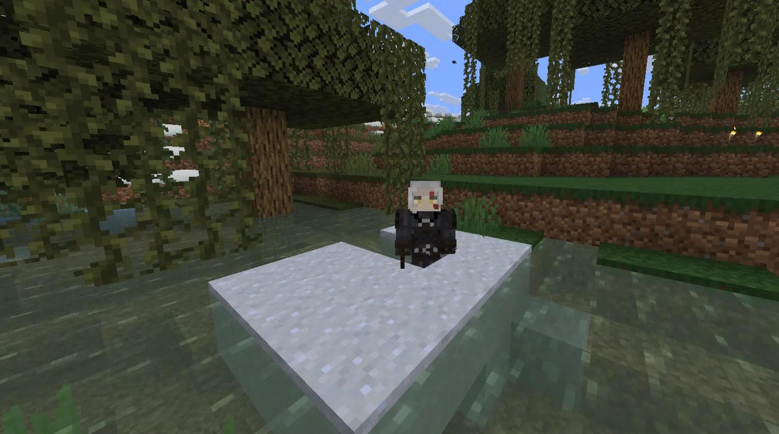 Collecting clay blocks in shallow swamp water in Minecraft