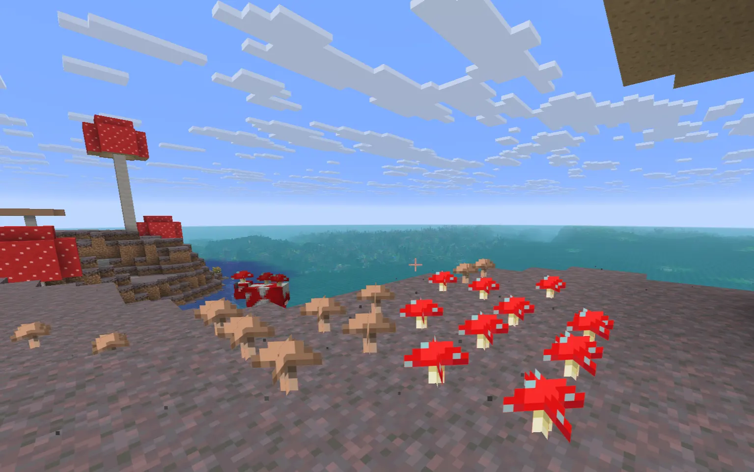 Minecraft mushroom biome showing mycelium ground and giant mushrooms