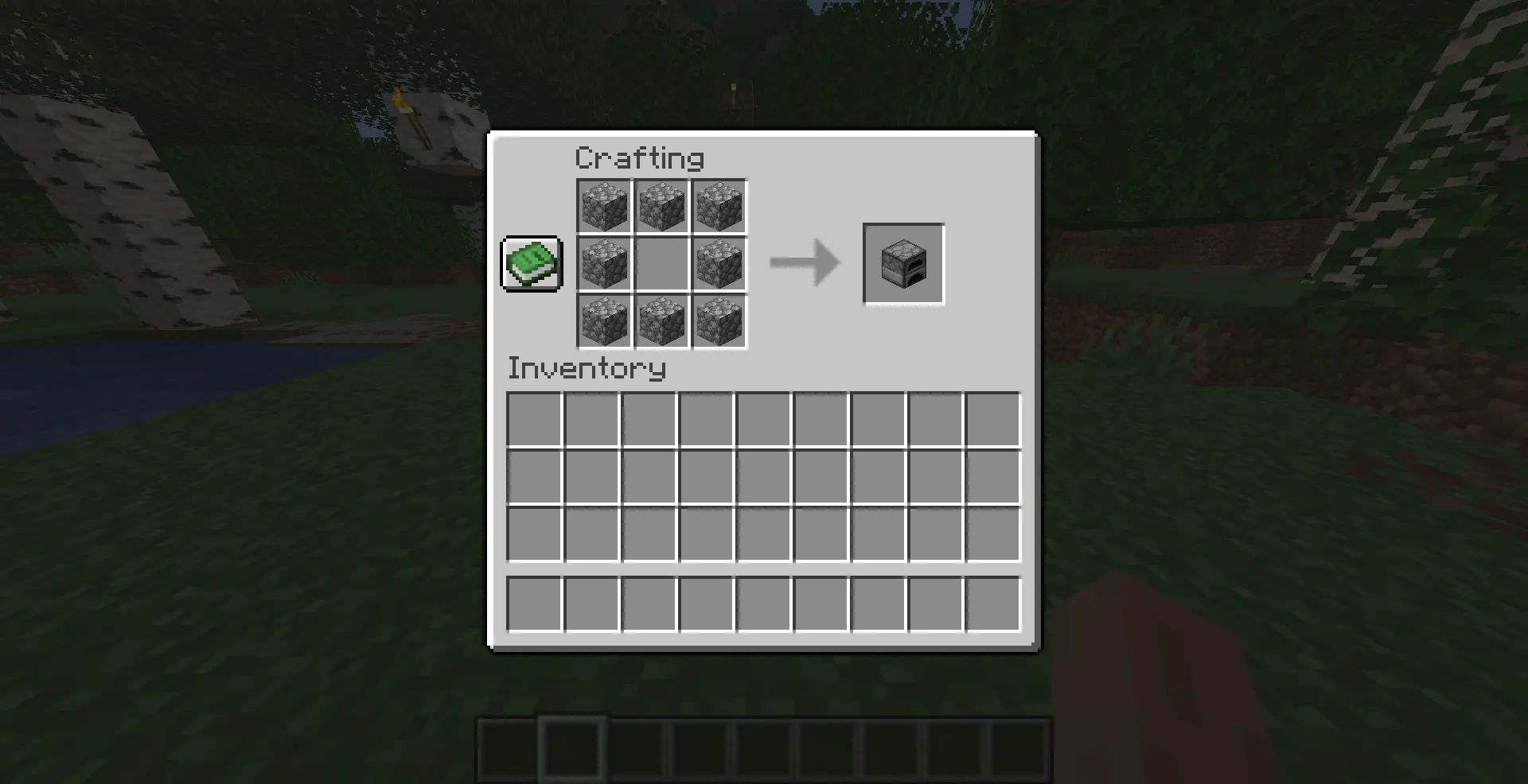 Minecraft furnace crafting recipe using 8 cobblestone in a crafting table