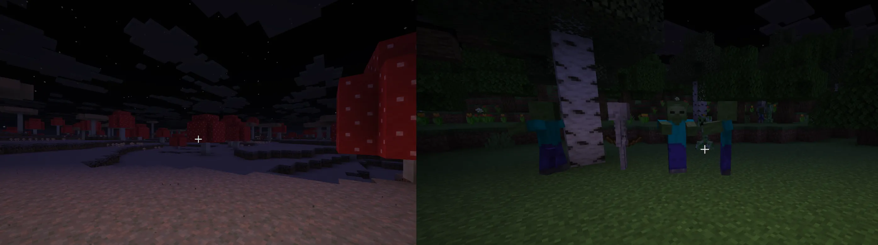  Comparison showing no hostile mobs in the mushroom biome vs mobs in other biomes at night