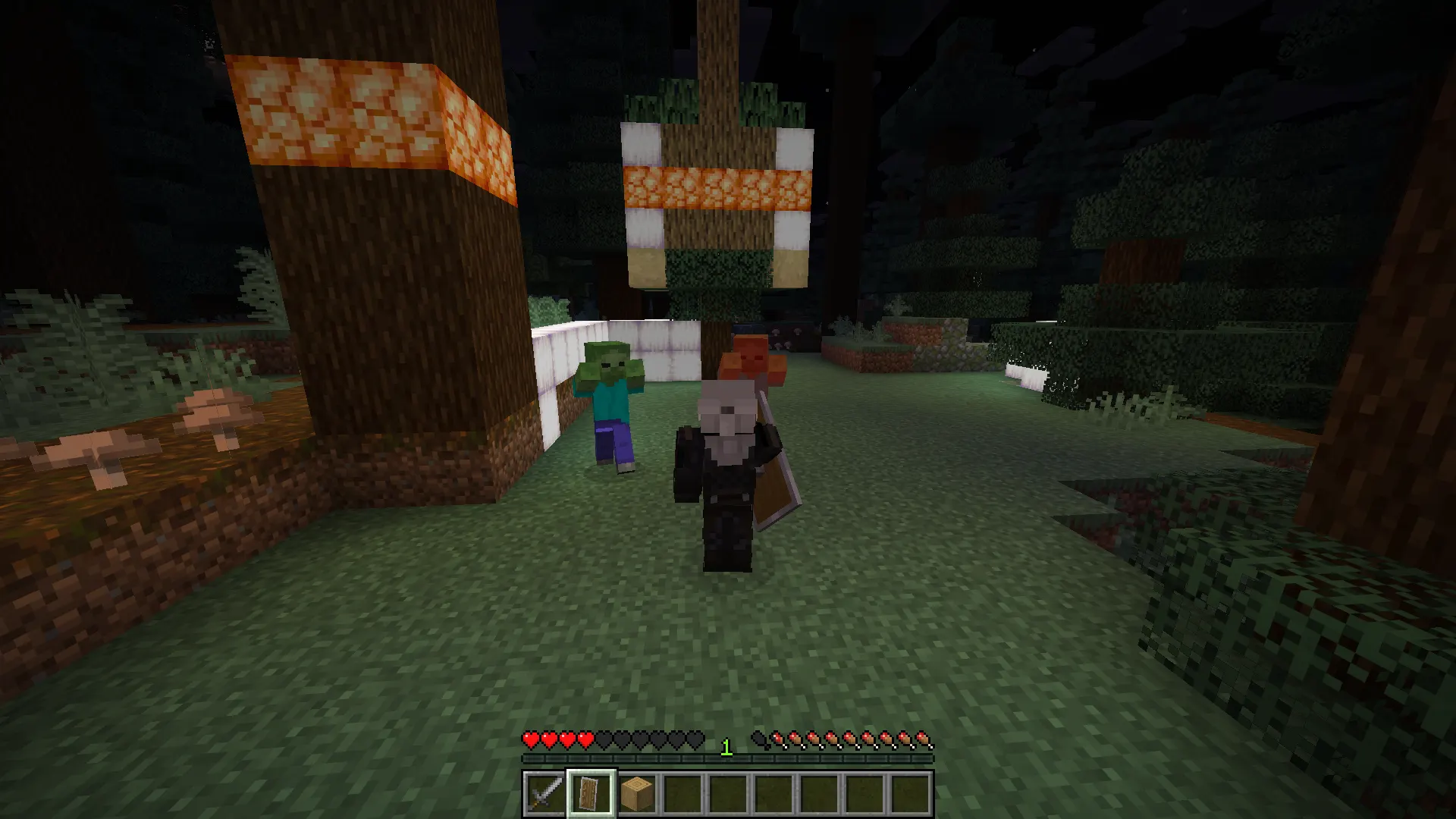 Player using shield to block zombie attack in Minecraft survival mode