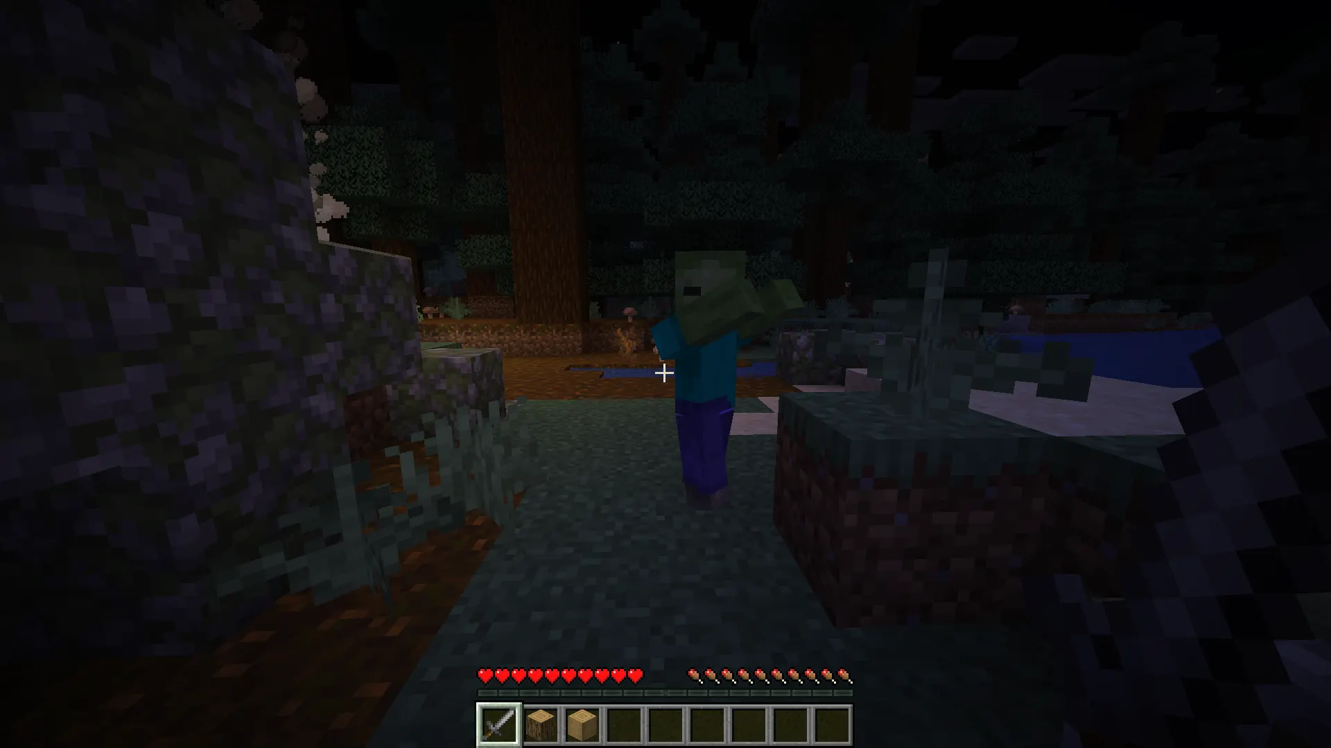 Zombie in Minecraft walking toward player at night showing tracking behavior