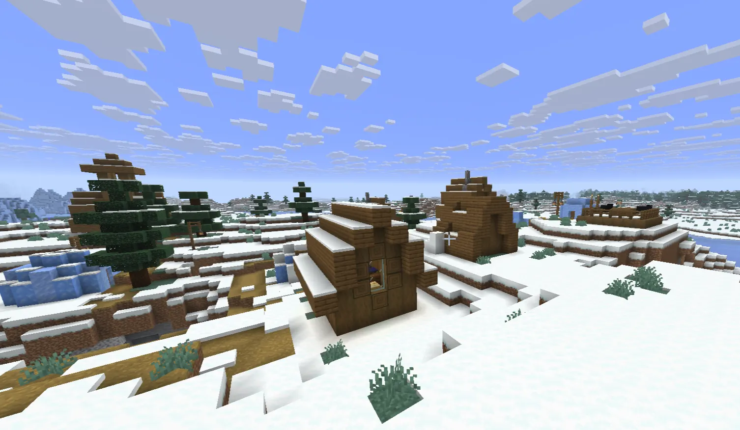 Minecraft snowy tundra village hidden in snowfall with spruce houses and glowing torches at night