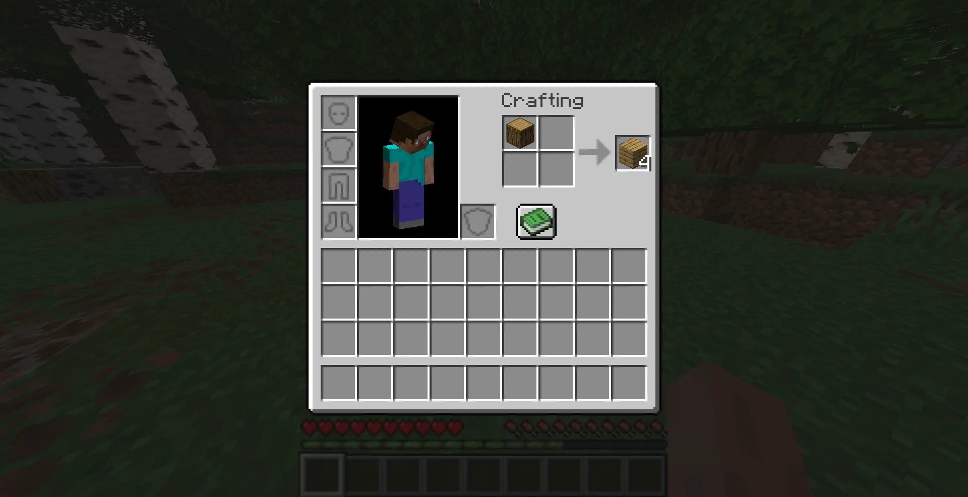 Minecraft inventory recipe showing how to turn wood logs into wooden planks
