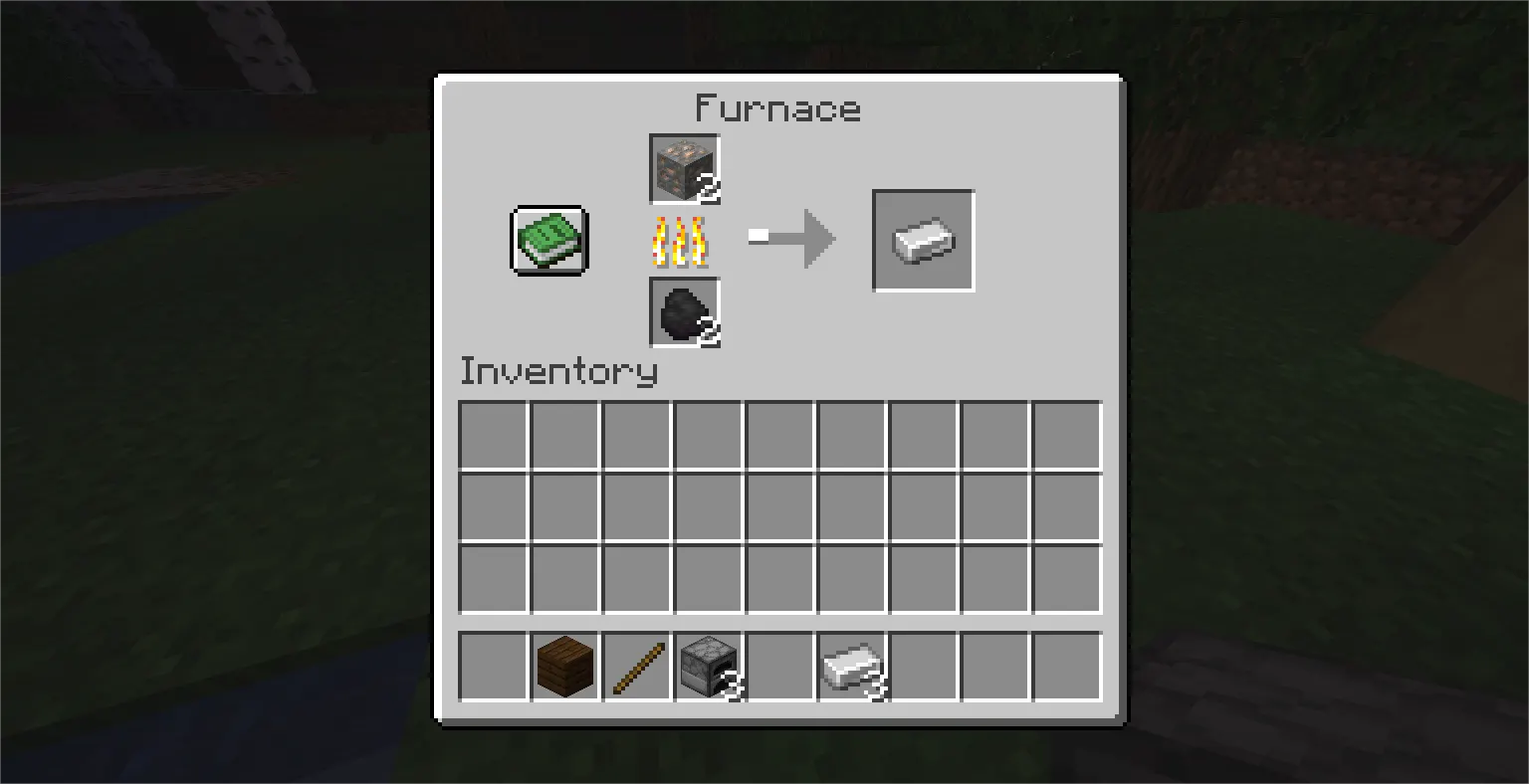 Minecraft furnace interface showing input slot, fuel slot, and output slot