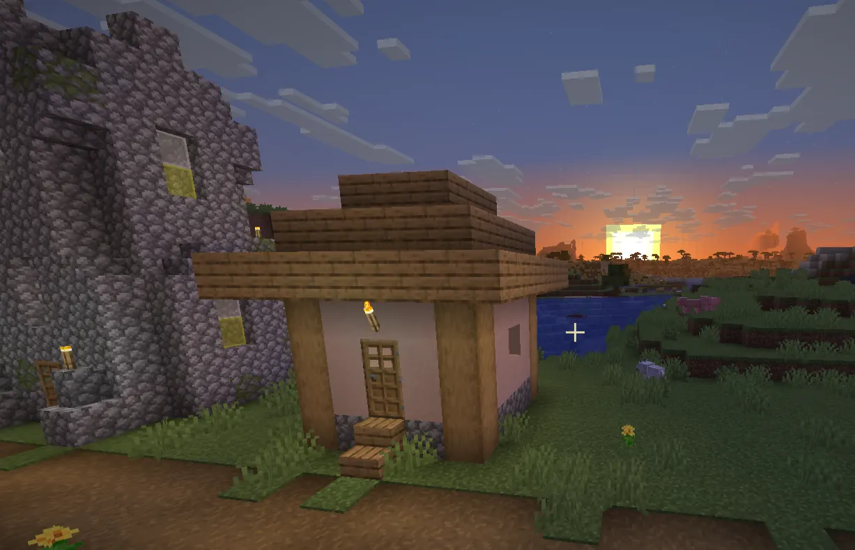Minecraft savanna biome with acacia village and horses