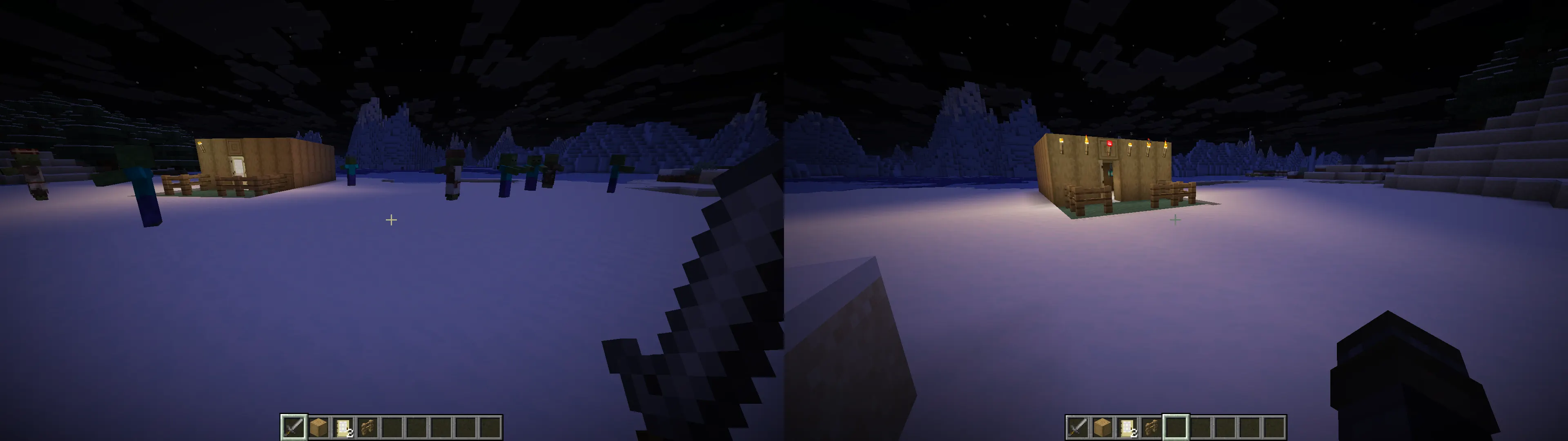 Well lit Minecraft base at night preventing zombie spawns with torches