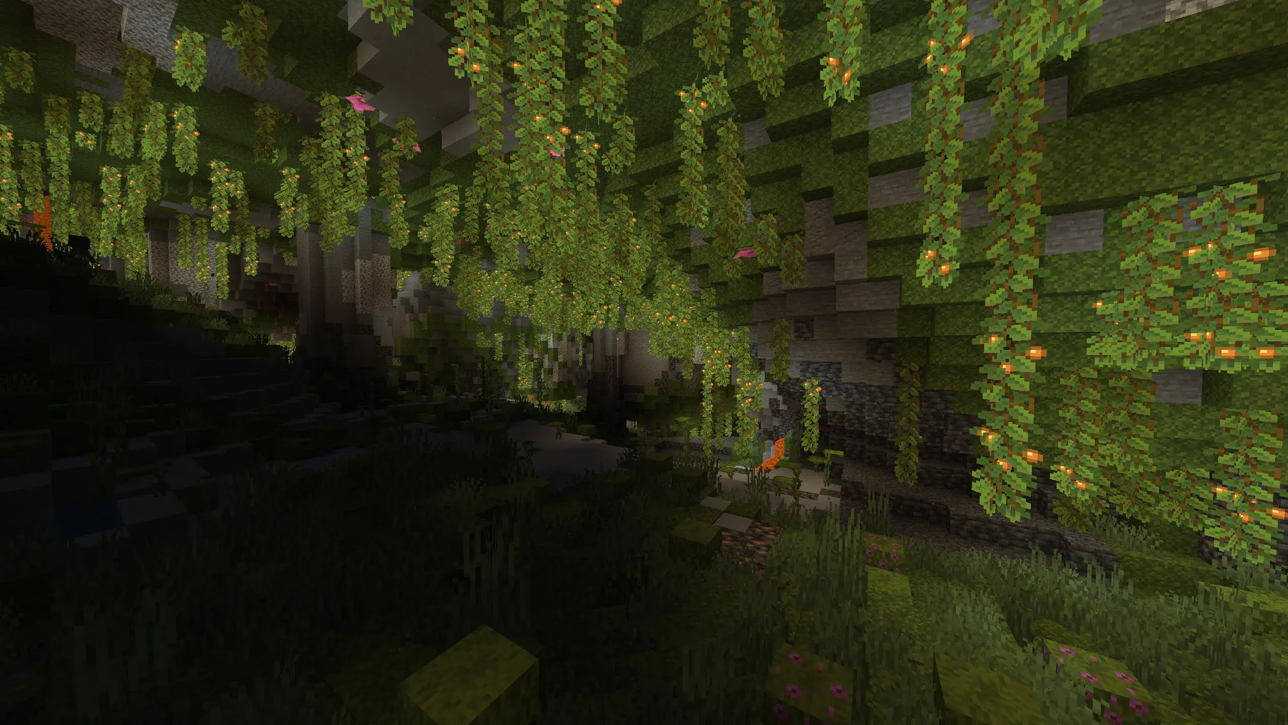 Entrance view of lush caves biome underground in Minecraft