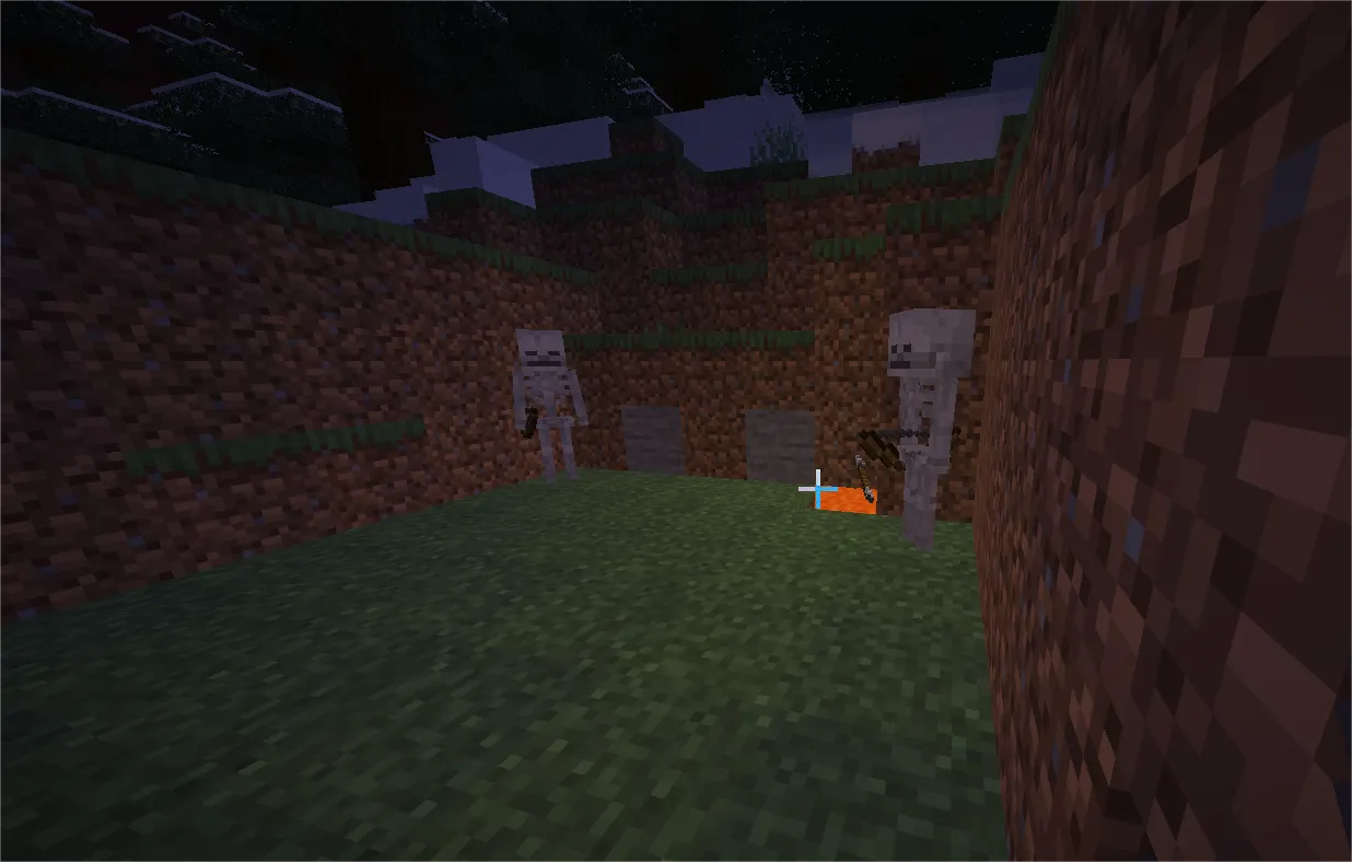Two skeletons fighting each other after being hit by arrows in Minecraft