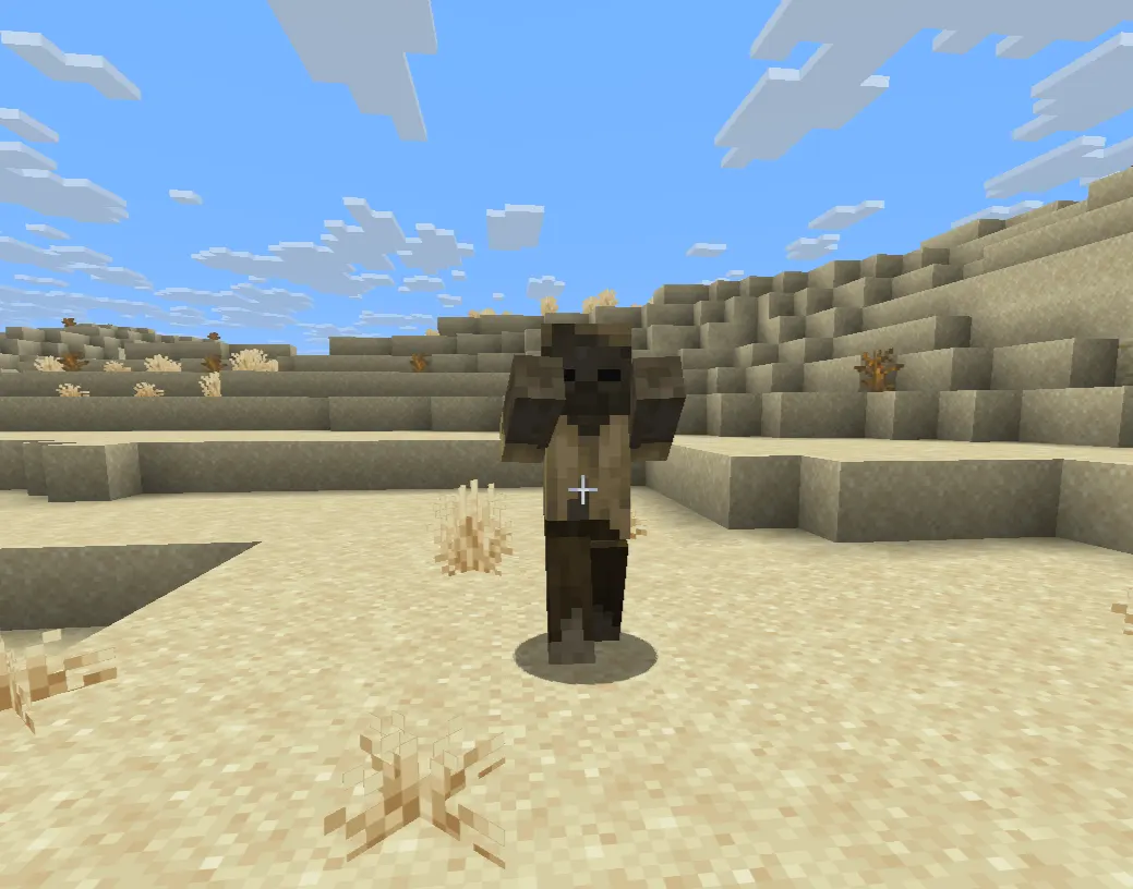 Minecraft husk mob standing in desert daylight without burning, attacking player.