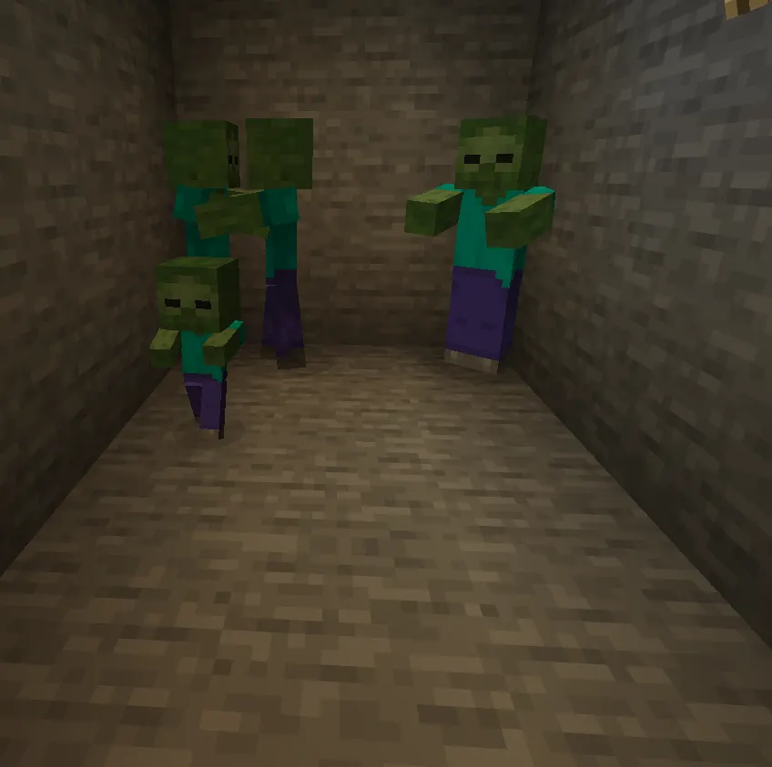 Different zombie types in Minecraft including baby zombie, armored zombie and normal zombie