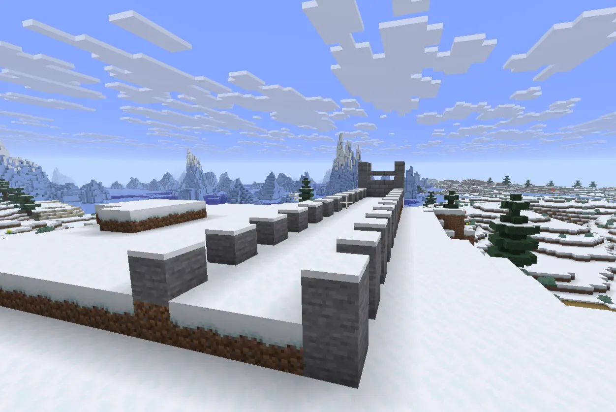 Minecraft snow golems patrolling the snowy tundra base, leaving snow trails for a passive defence system