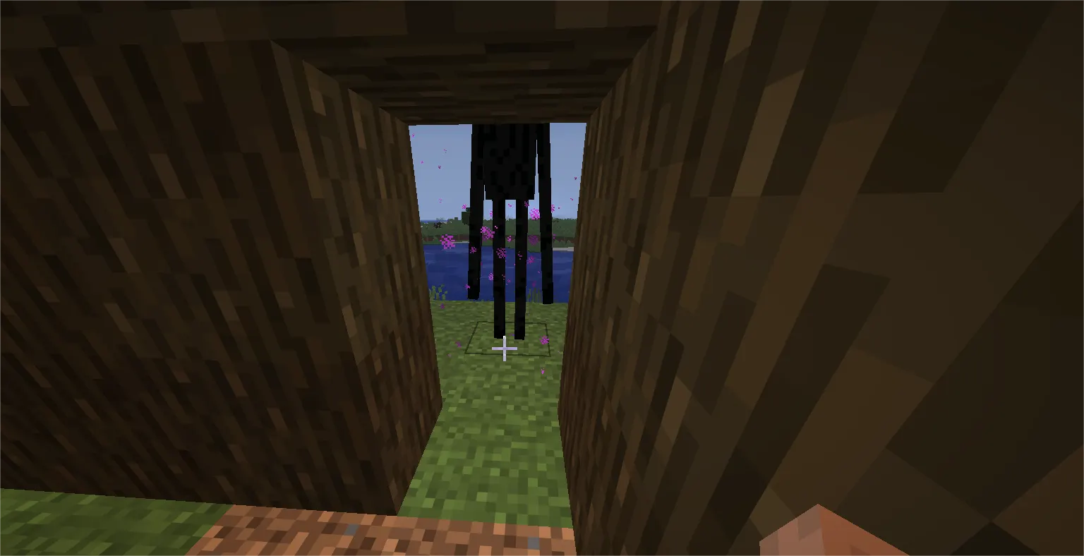 “Player using 2 block high shelter to safely attack Enderman in Minecraft”