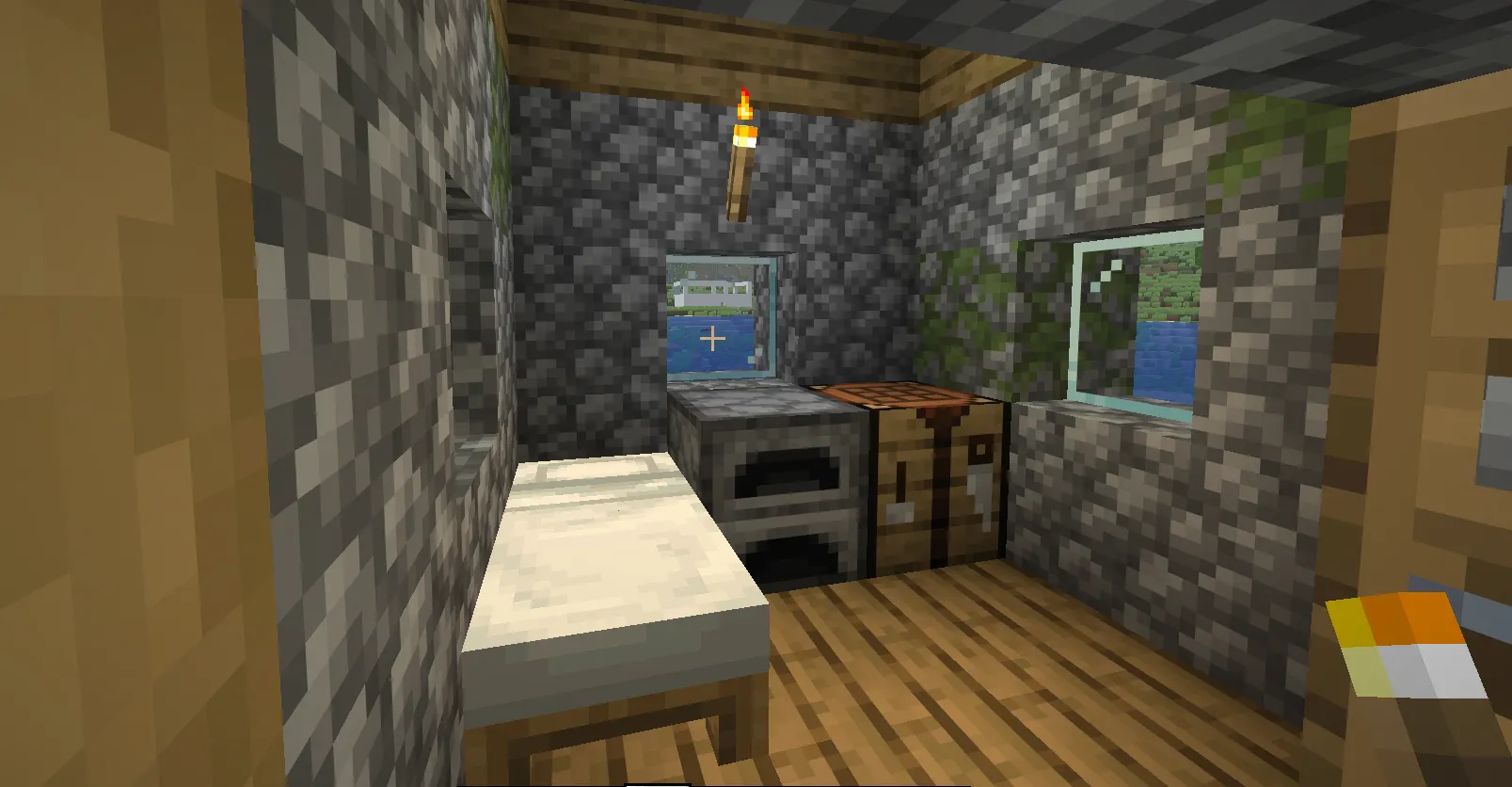 Minecraft Hardcore Day 1 starter shelter bed furnace setup