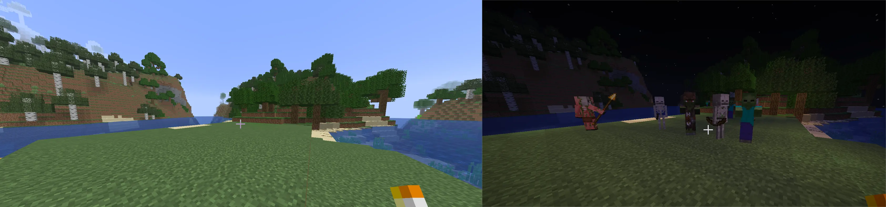 Day vs night comparison showing hostile mob spawning in Minecraft