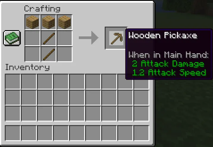  Minecraft wooden pickaxe recipe with three planks and two sticks
