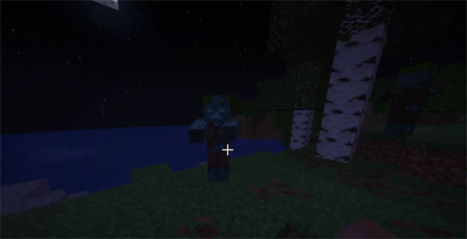 Naturally spawned drowned holding trident in ocean at night in Minecraft