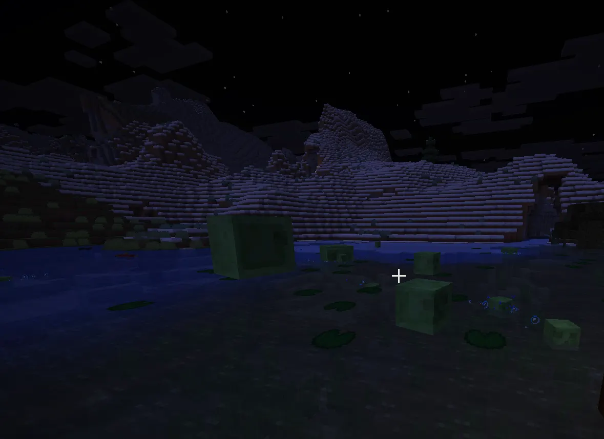  Slimes spawn on the surface in the swamp biome at night in Minecraft