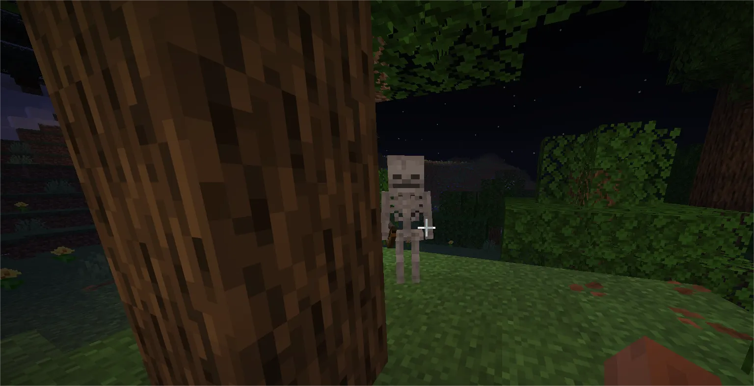 Player hiding behind block to avoid skeleton arrows in Minecraft