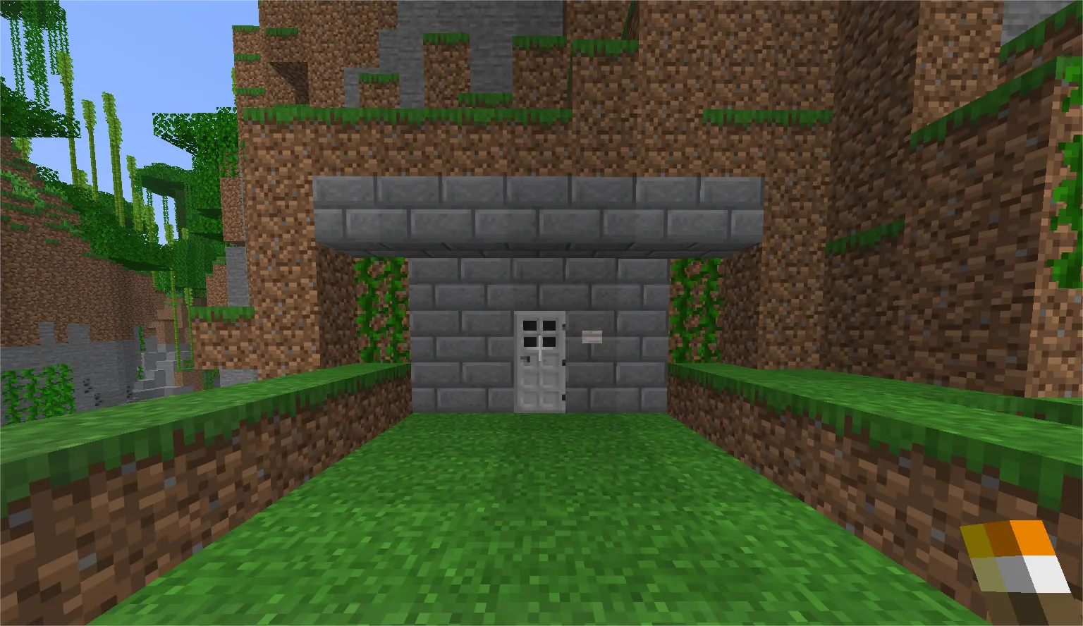 Iron door with stone pressure plate setup to prevent zombie break-ins in Minecraft