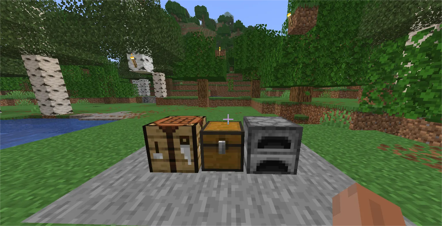 Minecraft starter base with crafting table chest and furnace setup