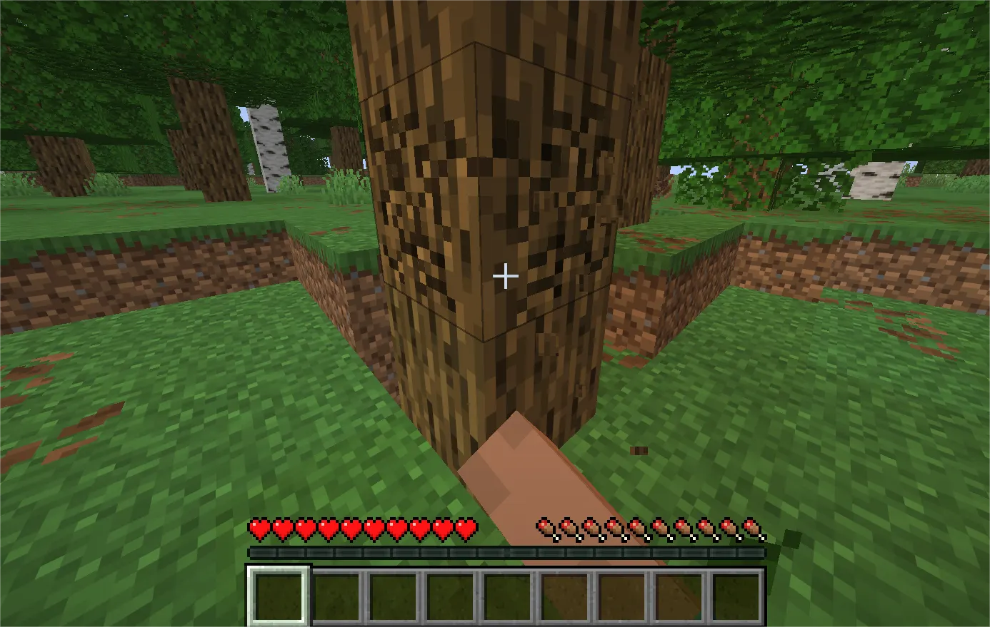  Player collecting wood from a tree in Minecraft for crafting table recipe