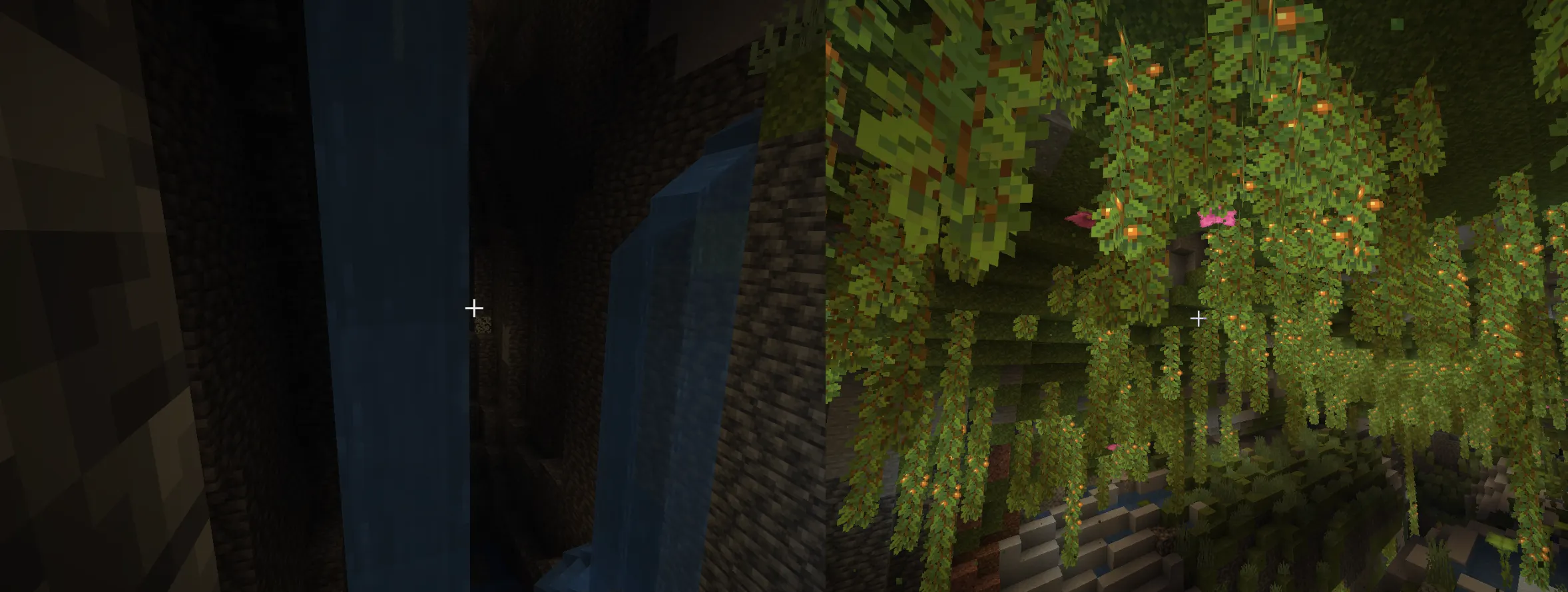 Glow berries lighting up lush caves in Minecraft