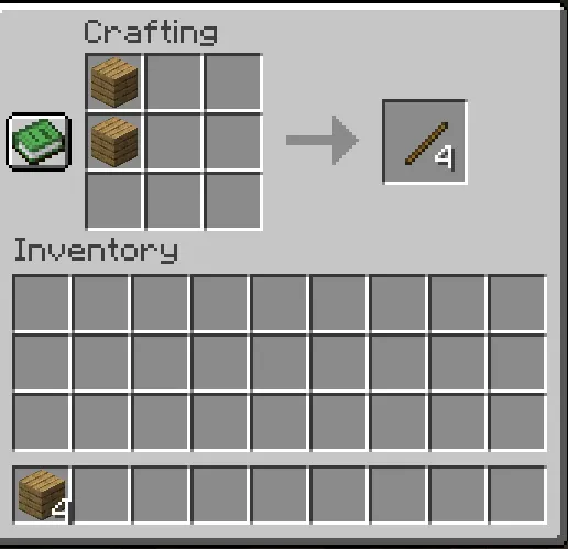  Minecraft stick crafting recipe using two wooden planks