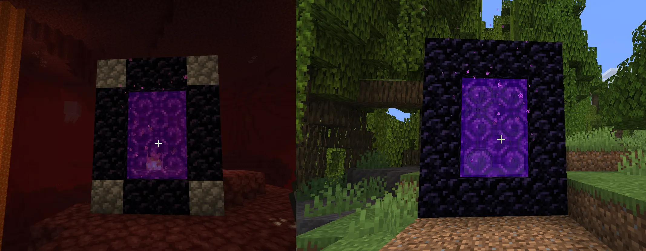 Minecraft Nether portal linking Overworld and Nether for a fast travel system