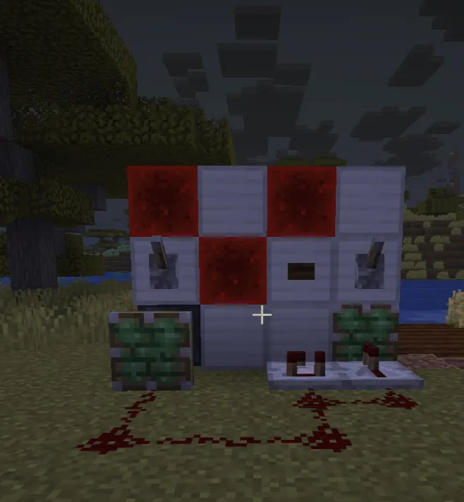 "Top-down view of Minecraft redstone circuit showing signal flow through dust, repeaters, and comparators"