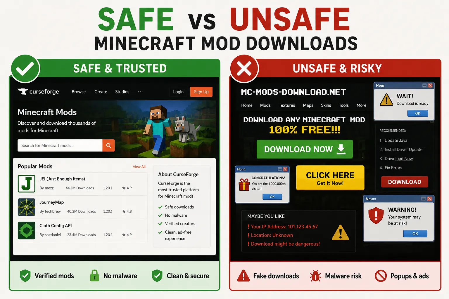 Safe vs. unsafe Minecraft mod download websites showing trusted and risky sources